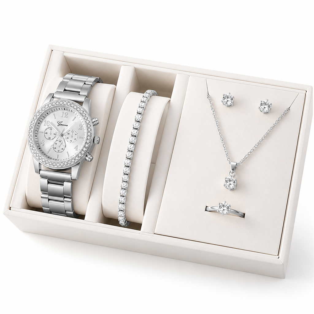 Rhinestone-Adorned Quartz Watch & Jewelry Set (6-Piece)