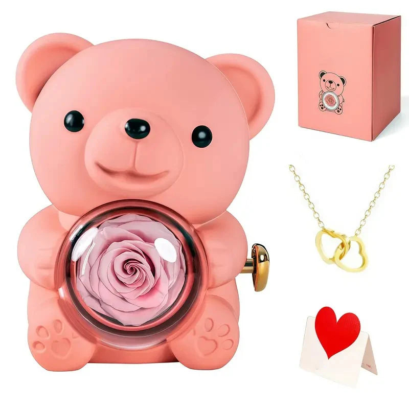 Ring & Necklace Set Rose Bear Charm Rhinestone Pendant