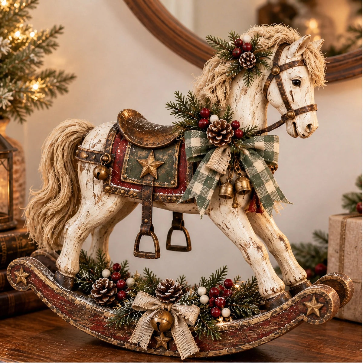 Rocking Horse Christmas Decor Hand-Distressed Whitewash Finish