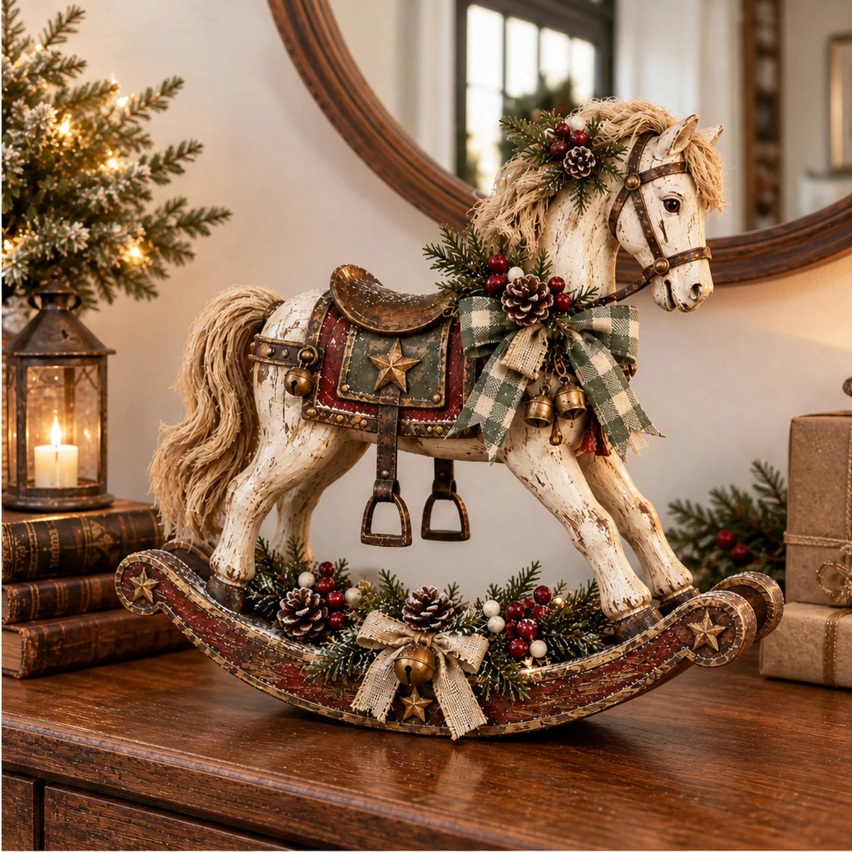 Rocking Horse Christmas Decor Hand-Distressed Whitewash Finish