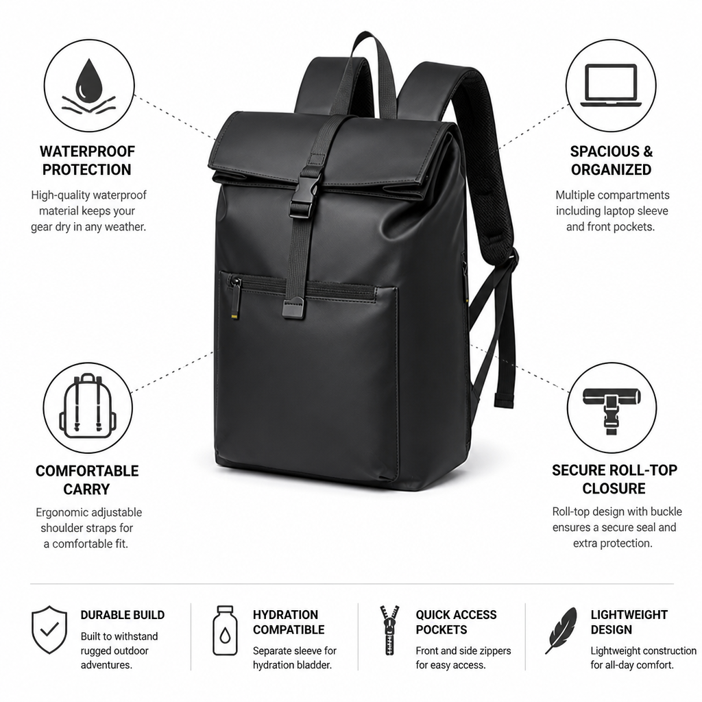 Roll-Top Waterproof Hiking Backpack (Padded Straps & Hydration Sleeve)