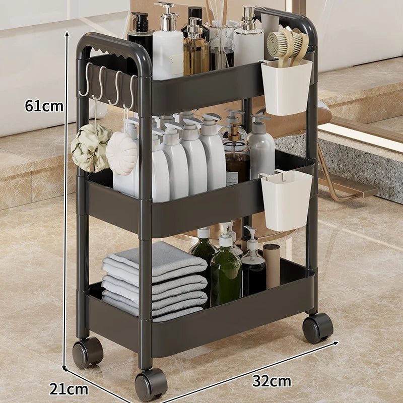 Rolling Storage Cart 3-Tier Swivel Wheels Removable Cups