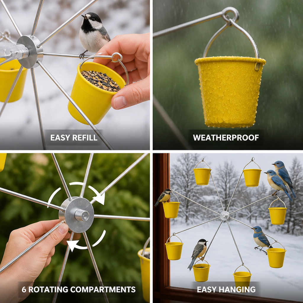 Rotating 6-Compartment Weatherproof Bird Feeder (Hanging)