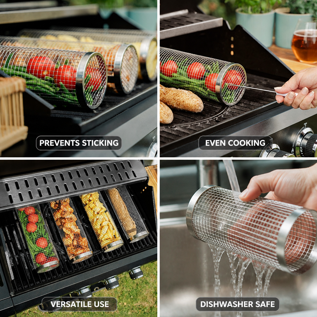 Rotating Stainless Steel Grill Basket (Dishwasher-Safe)