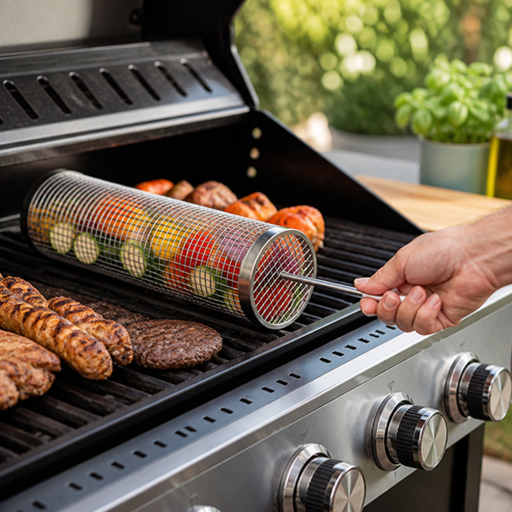 Rotating Stainless Steel Grill Basket (Dishwasher-Safe)