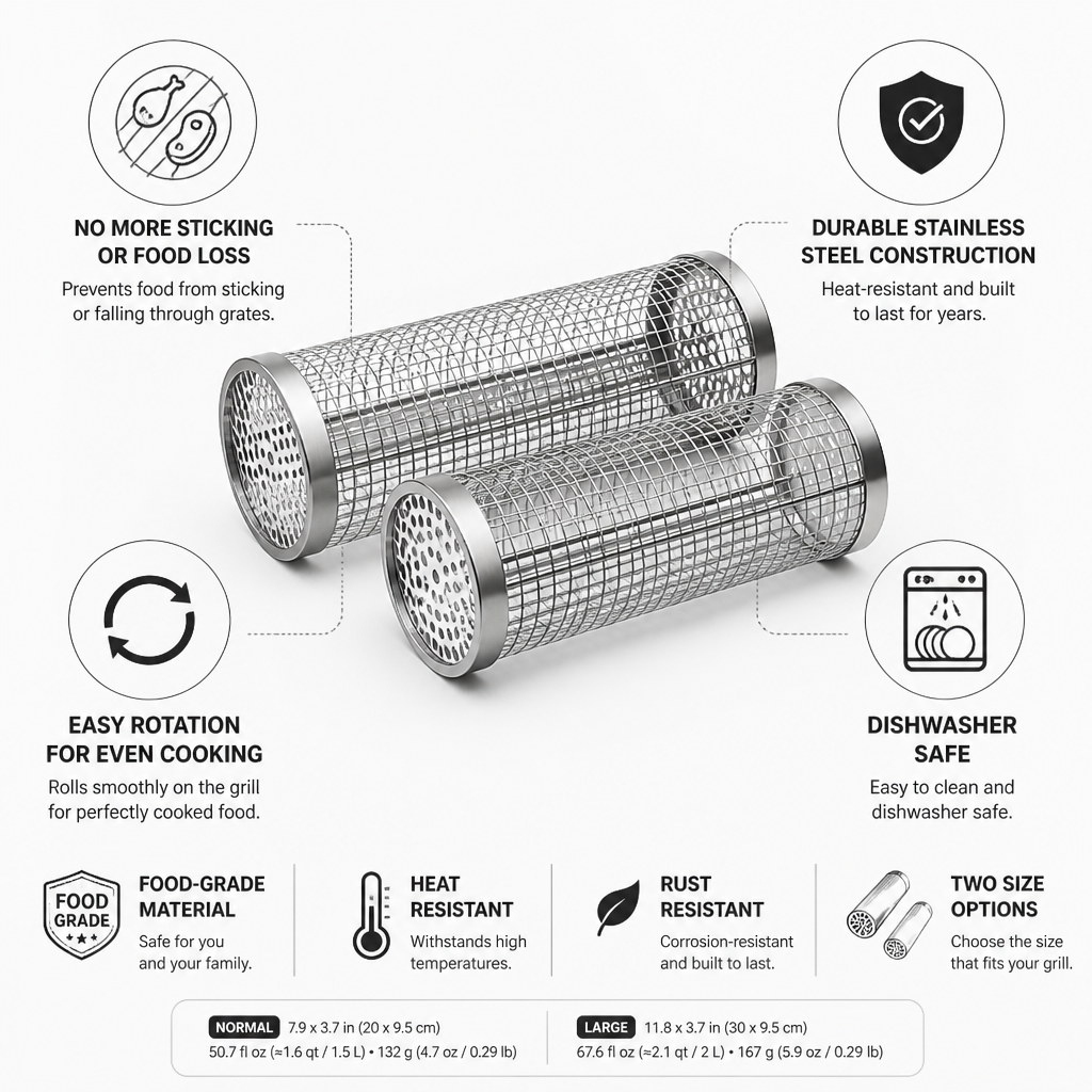 Rotating Stainless Steel Grill Basket (Dishwasher-Safe)