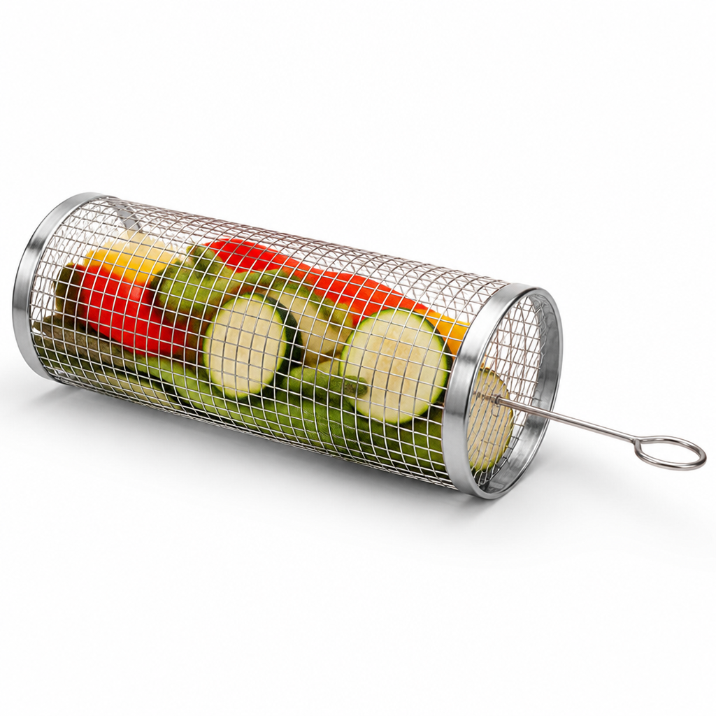 Rotating Stainless Steel Grill Basket (Dishwasher-Safe)