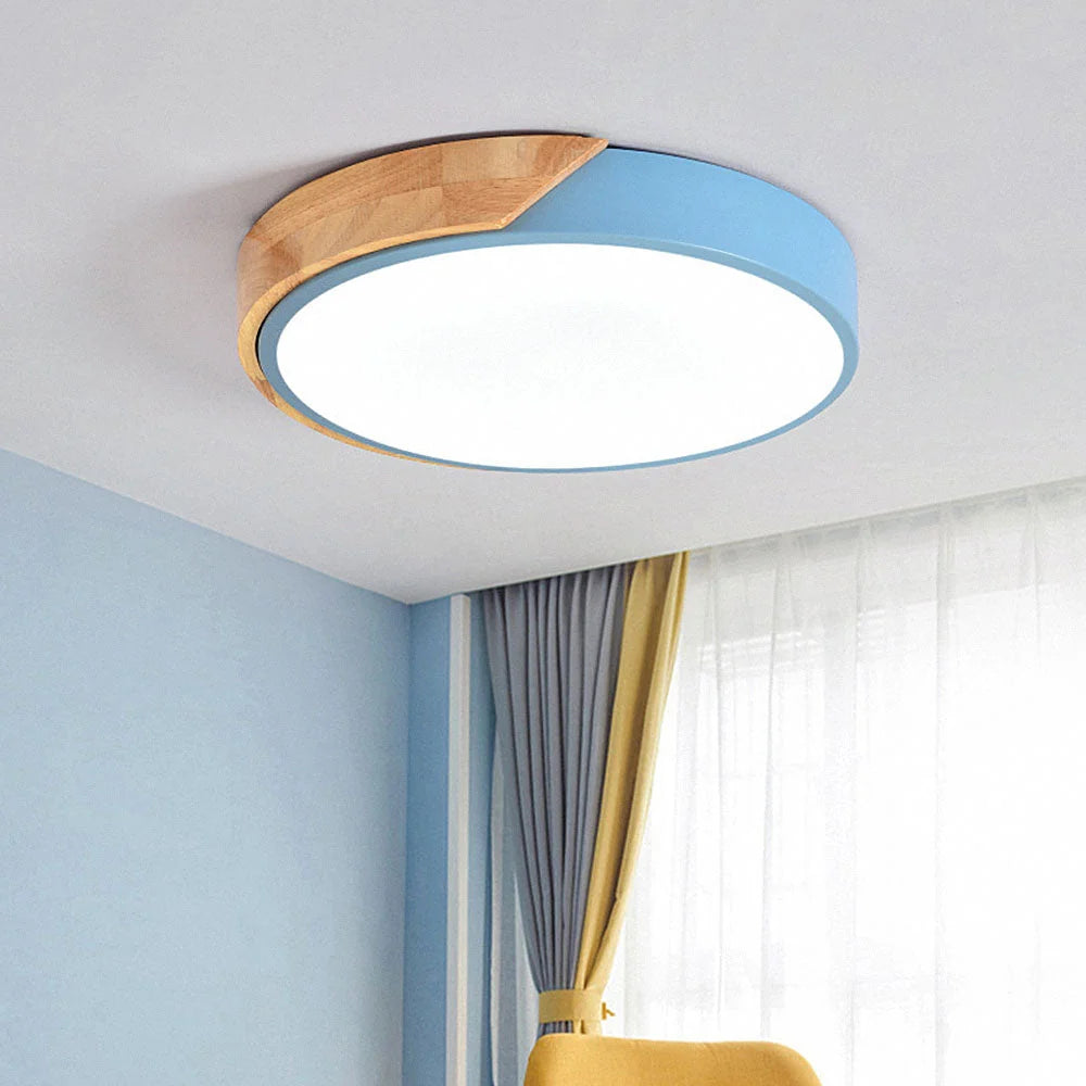 Round Ceiling Light Wood Decor Dimmable Remote