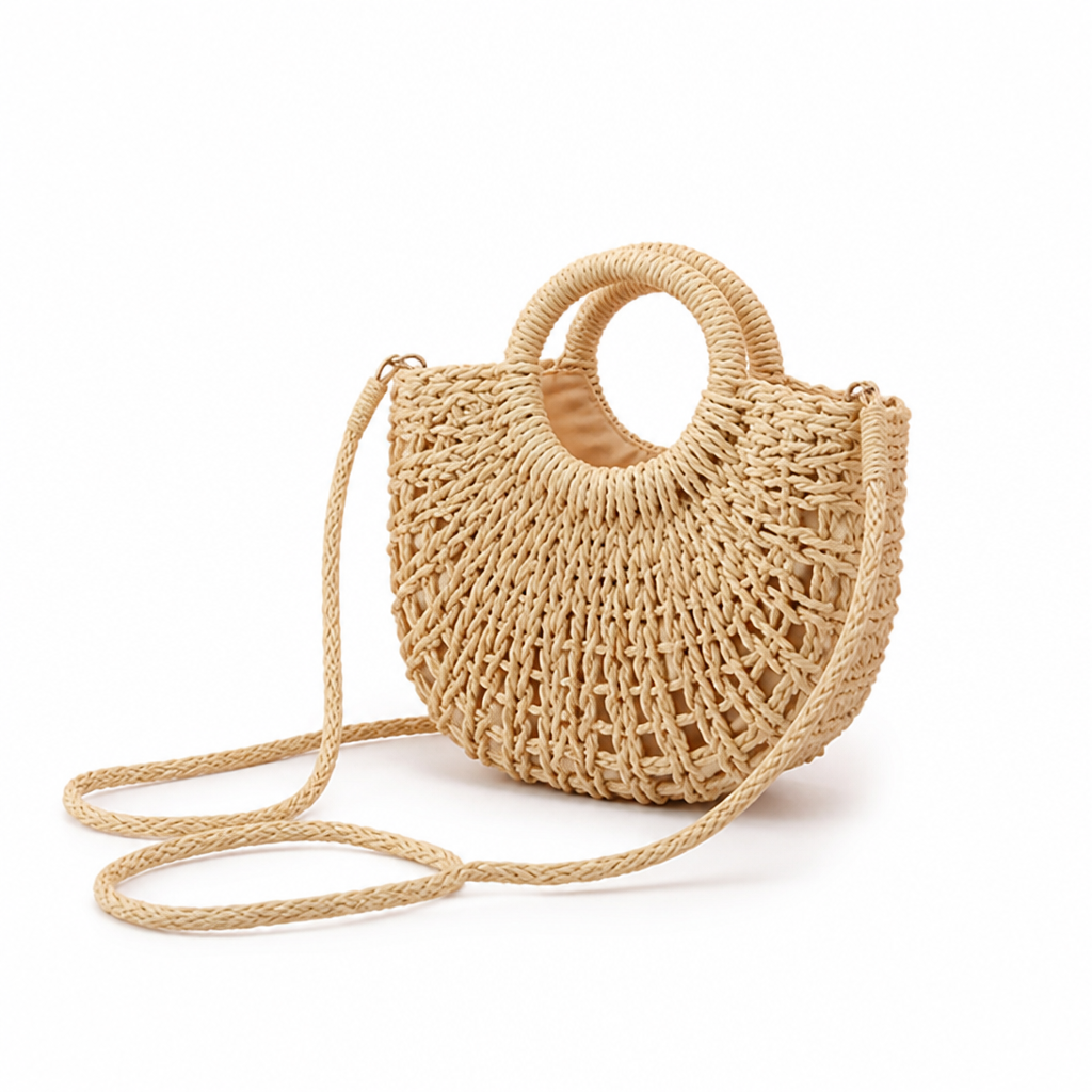 Round-Opening Natural Woven Shoulder Bag (Adjustable Strap)