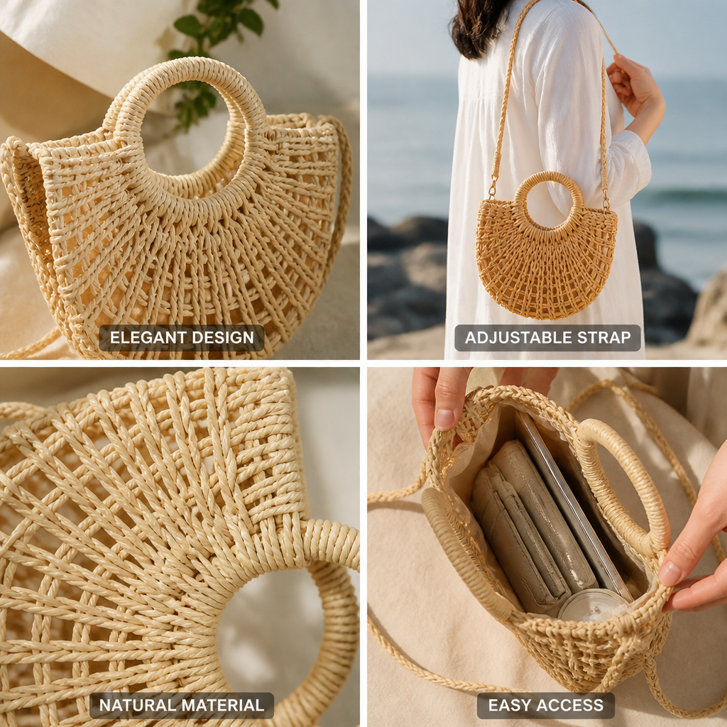 Round-Opening Natural Woven Shoulder Bag (Adjustable Strap)