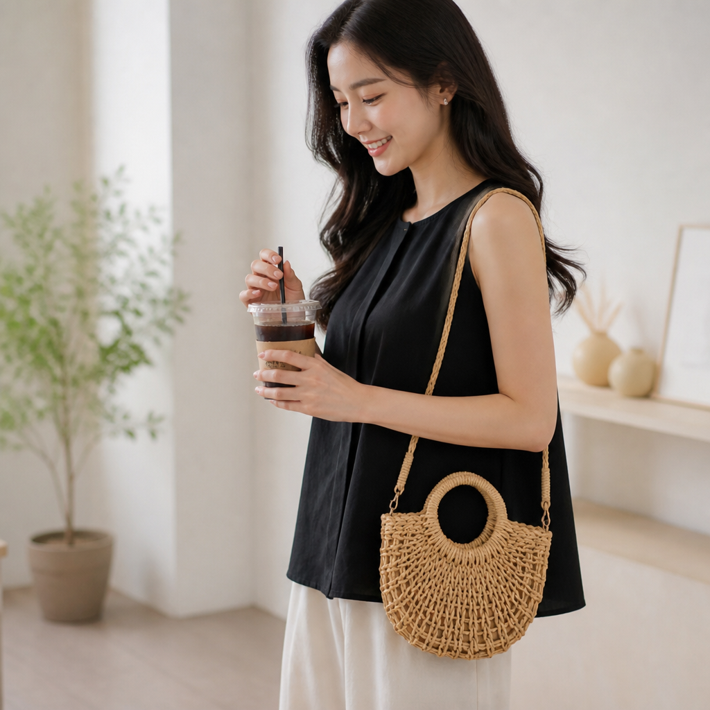 Round-Opening Natural Woven Shoulder Bag (Adjustable Strap)