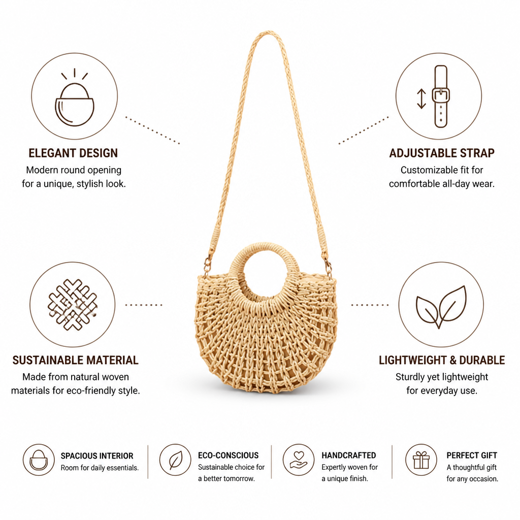 Round-Opening Natural Woven Shoulder Bag (Adjustable Strap)