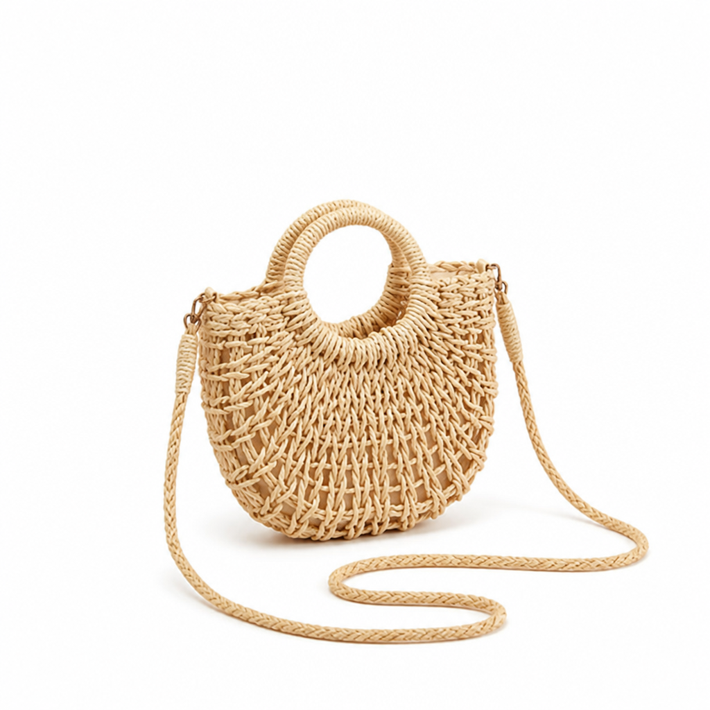 Round-Opening Natural Woven Shoulder Bag (Adjustable Strap)
