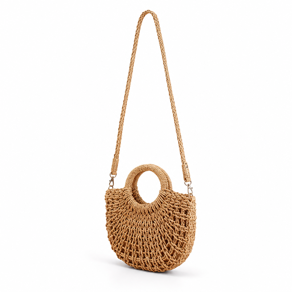 Round-Opening Natural Woven Shoulder Bag (Adjustable Strap)
