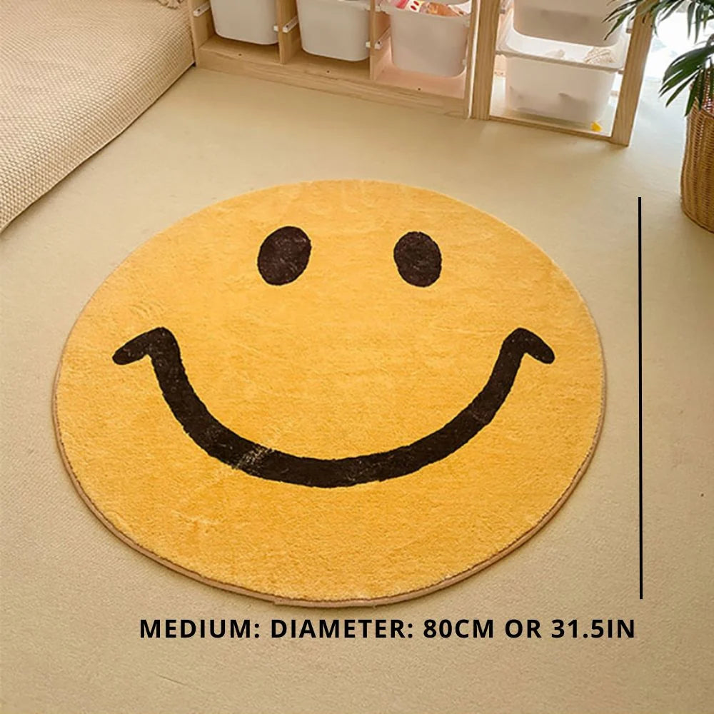 Round Rug Yellow Smiley Fleece Machine Washable