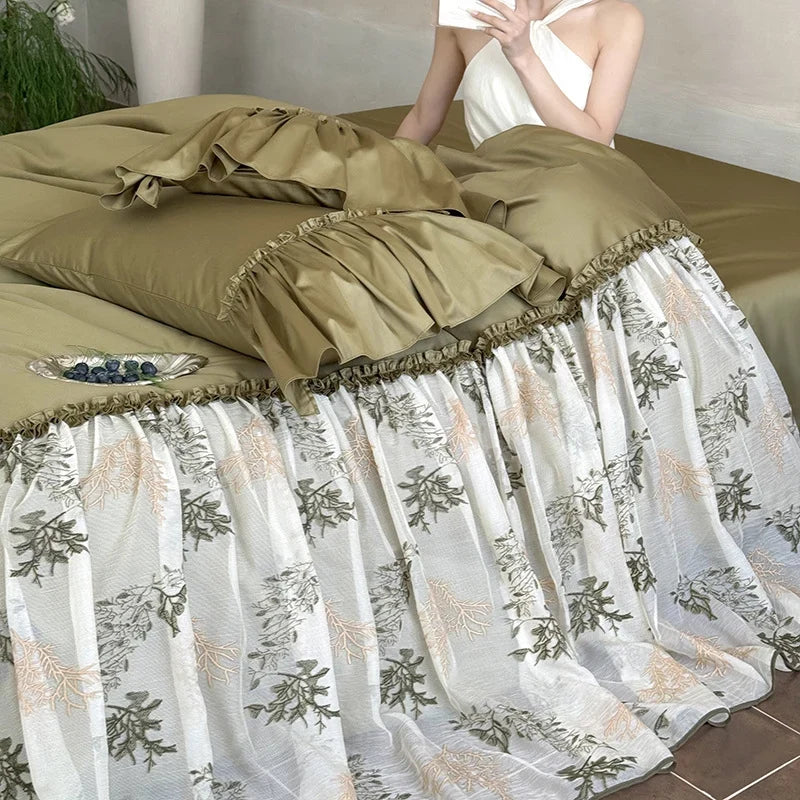 Ruffled Bedding Set Cotton Satin & Embroidered Tulle 4-Piece