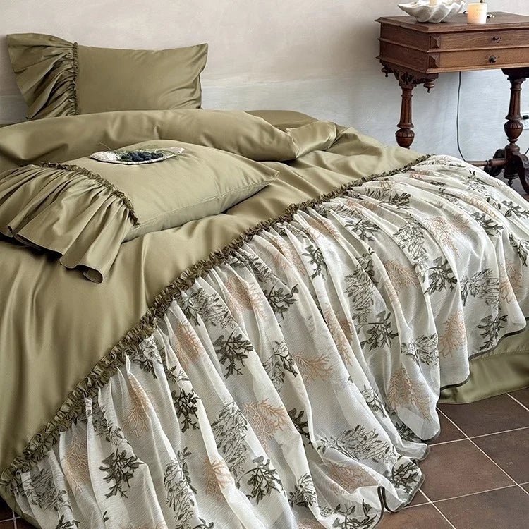 Ruffled Bedding Set Cotton Satin & Embroidered Tulle 4-Piece