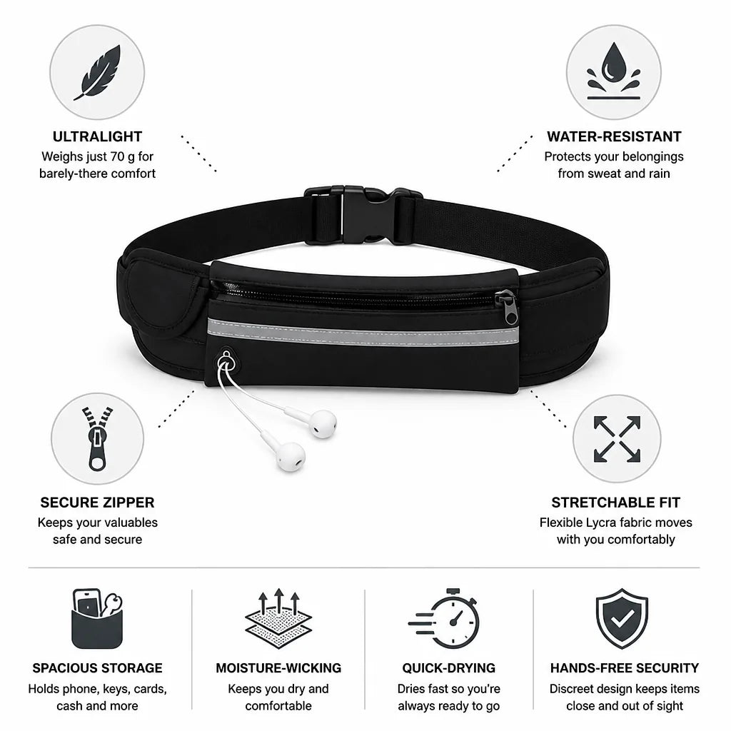 Running Belt Ultralight Lycra Water-Resistant Secure Zipper