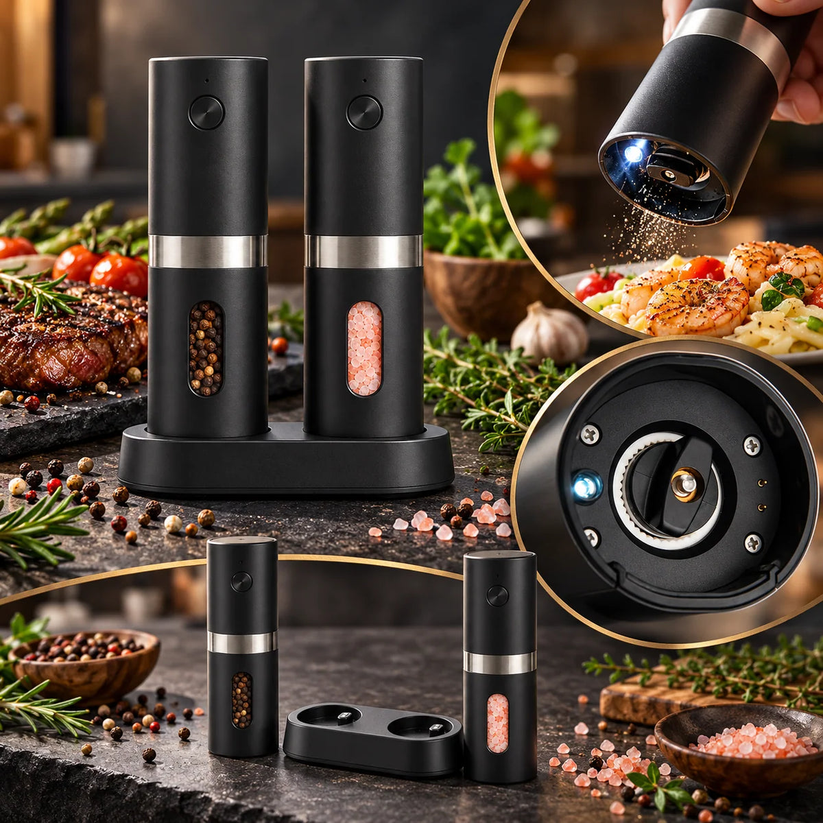Salt & Pepper Mill Set Rechargeable Adjustable Grind Settings