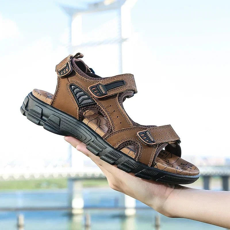 Sandals Leather Cushioned Ergonomic Support Adjustable Hook-and-Loop Closure
