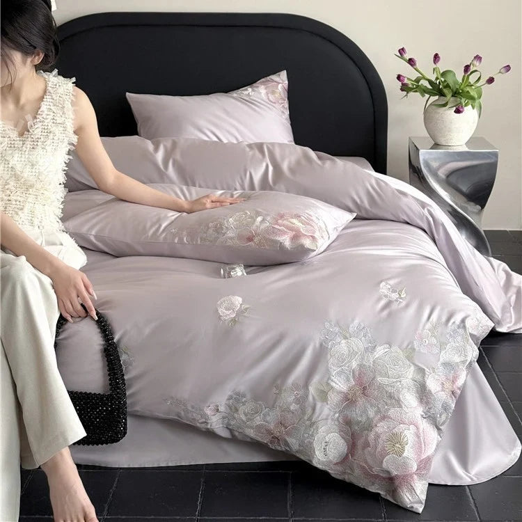 Satin Bedding Set Breathable Floral Relief Embroidery Easy Care