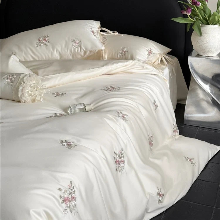 Satin Bedding Set Breathable Floral Relief Embroidery Easy Care