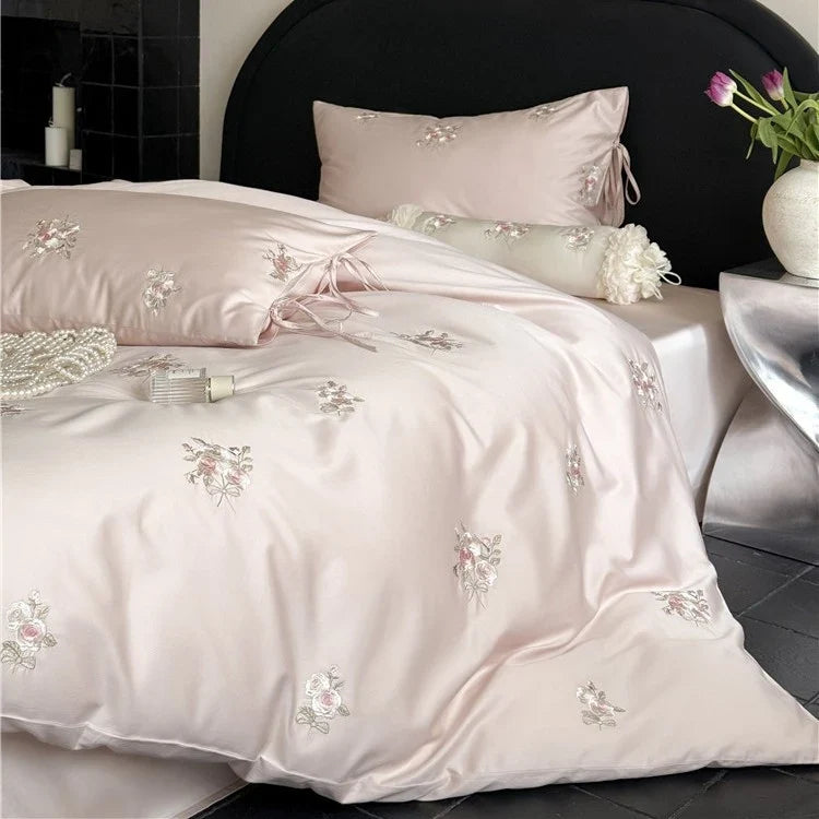 Satin Bedding Set Breathable Floral Relief Embroidery Easy Care