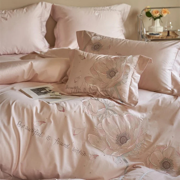 Satin Bedding Set Breathable Floral Relief Embroidery Easy Care