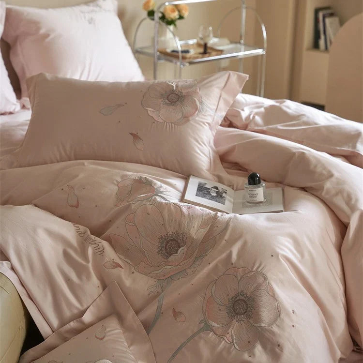 Satin Bedding Set Breathable Floral Relief Embroidery Easy Care