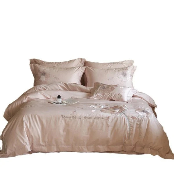 Satin Bedding Set Breathable Floral Relief Embroidery Easy Care
