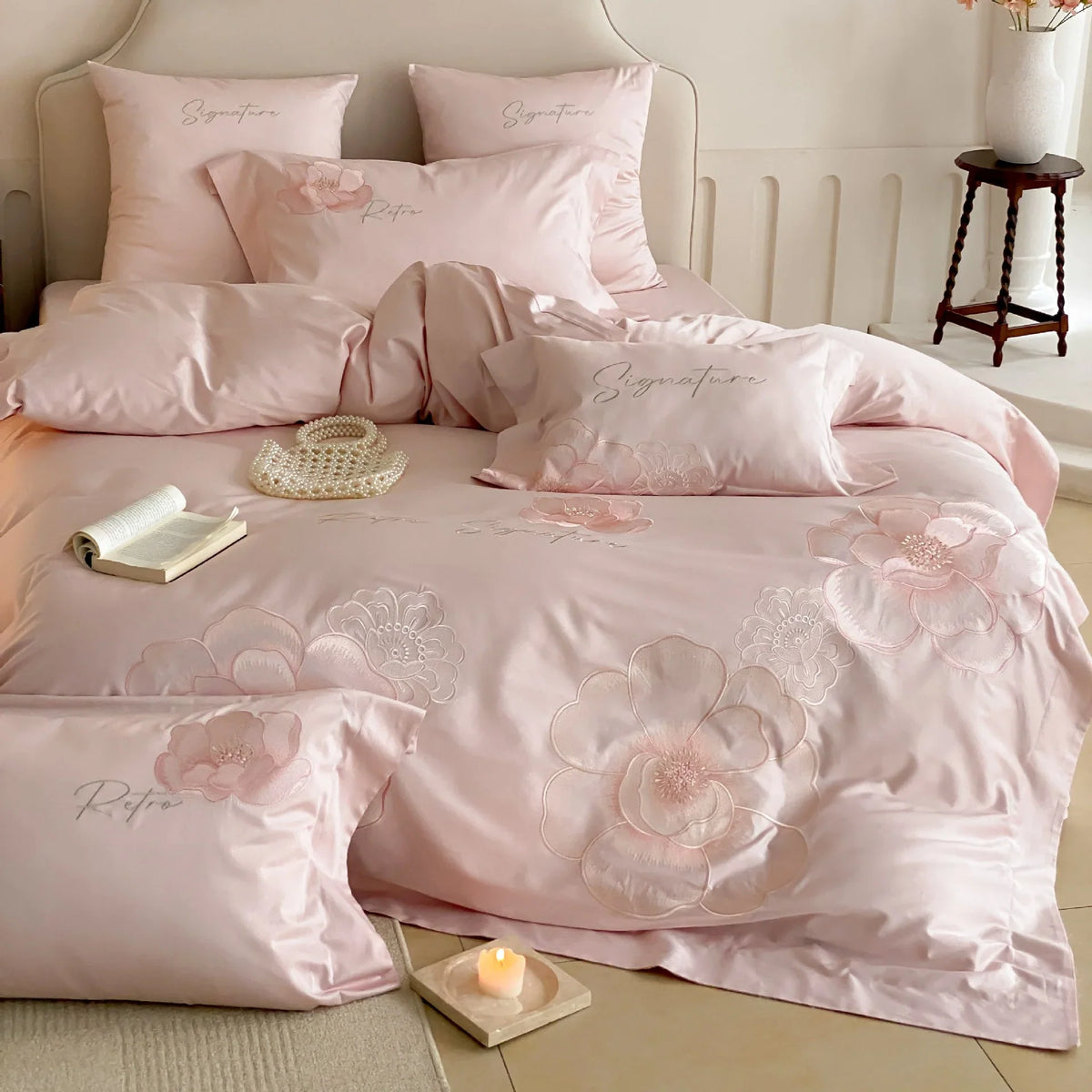 Satin Bedding Set Breathable Floral Relief Embroidery Easy Care