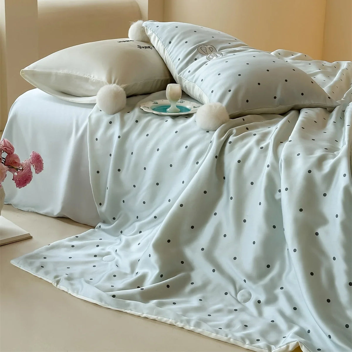 Satin Bedding Set Cooling Polka Dot & Pom-Pom Tassels