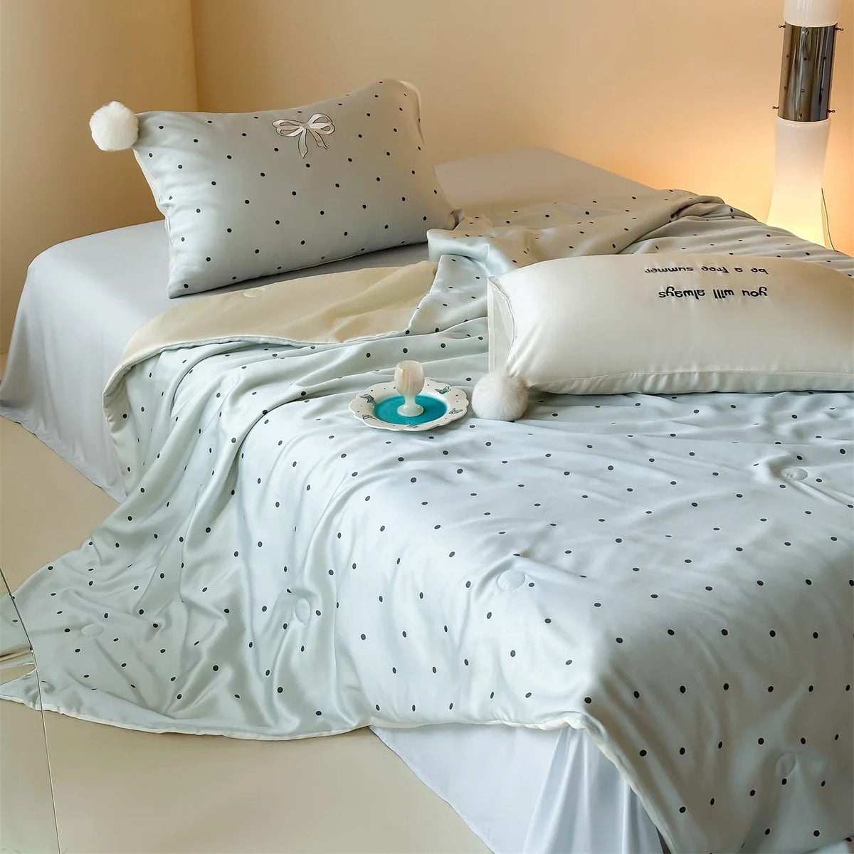 Satin Bedding Set Cooling Polka Dot & Pom-Pom Tassels