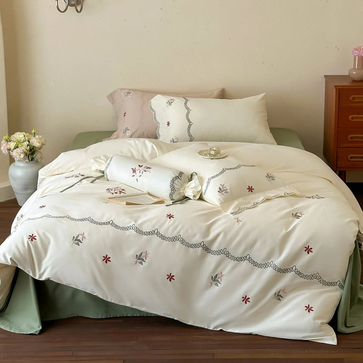 Satin Bedding Set Floral Embroidery Duvet Cover & Pillowcases
