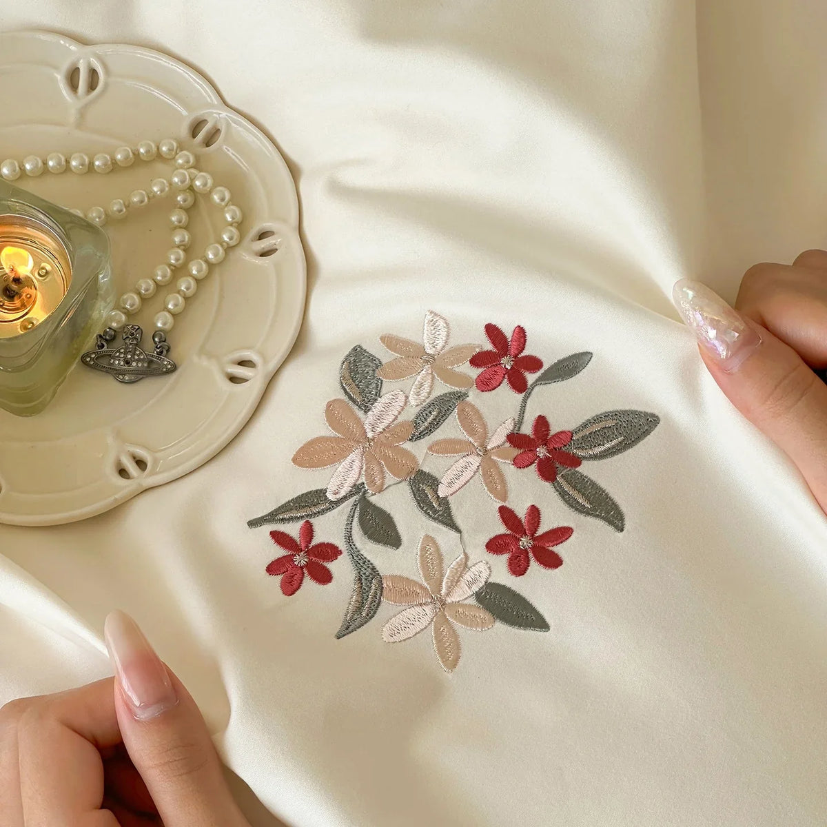 Satin Bedding Set Floral Embroidery Duvet Cover & Pillowcases