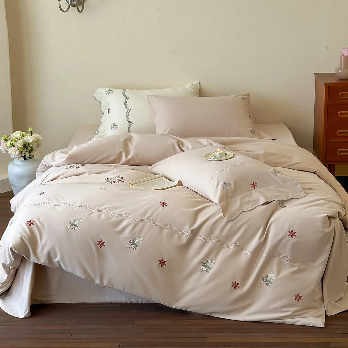 Satin Bedding Set Floral Embroidery Duvet Cover & Pillowcases