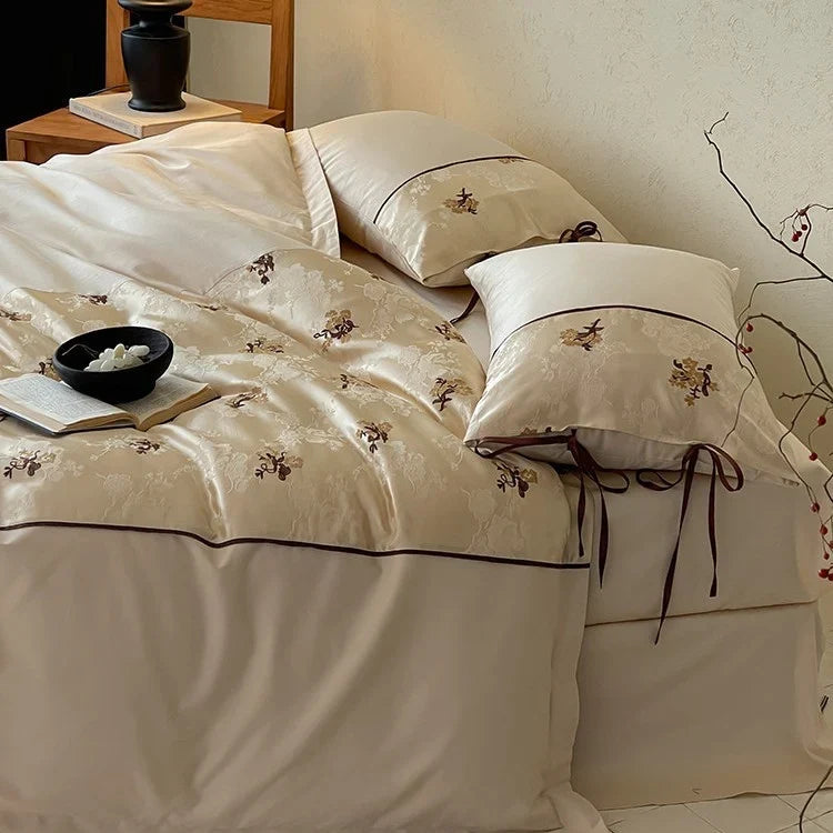 Satin Bedding Set Jacquard Floral Embroidery Ribbon Ties