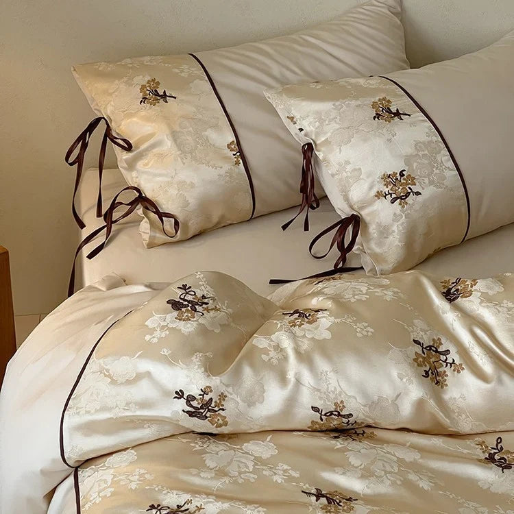 Satin Bedding Set Jacquard Floral Embroidery Ribbon Ties
