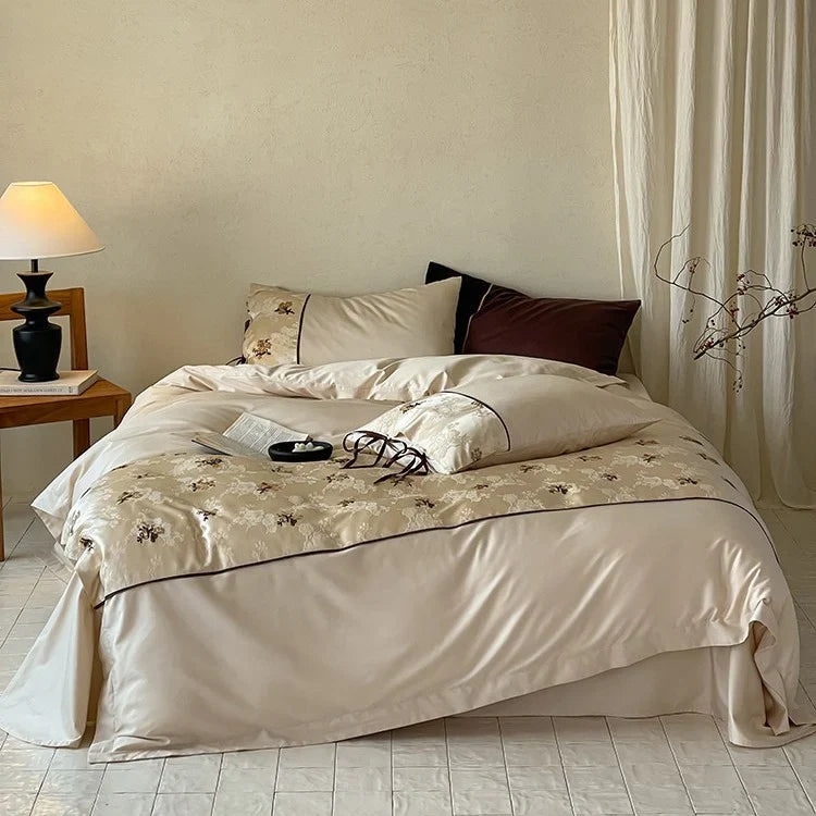 Satin Bedding Set Jacquard Floral Embroidery Ribbon Ties