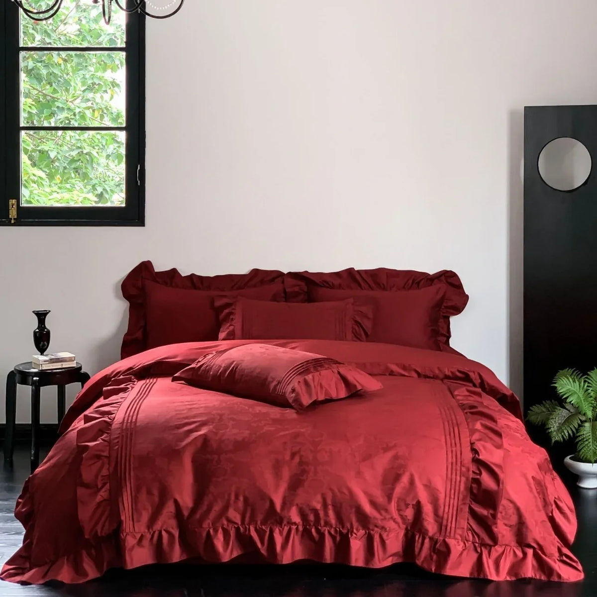Satin Bedding Set Jacquard Texture Ruffle Trim Breathable