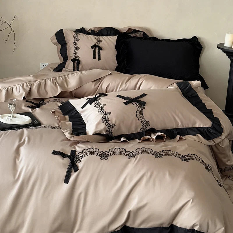 Satin Bedding Set Ruffled Lace Embroidery Temperature Regulating