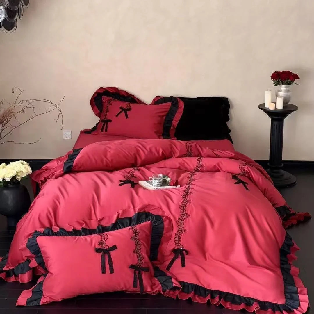 Satin Bedding Set Ruffled Lace Embroidery Temperature Regulating