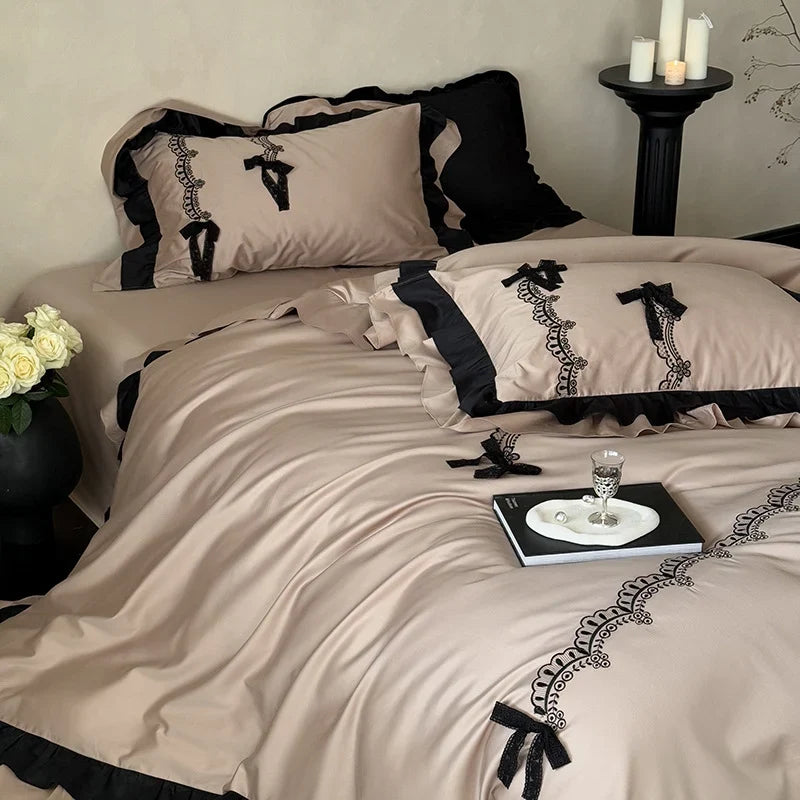 Satin Bedding Set Ruffled Lace Embroidery Temperature Regulating