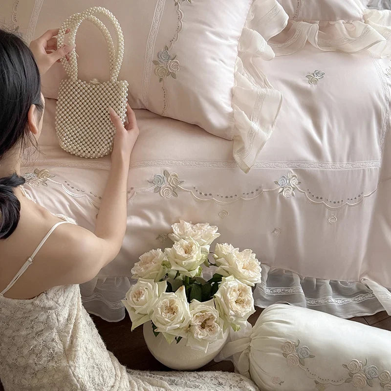 Satin Bedding Set Ruffled Trim & Floral Embroidery 4-Piece