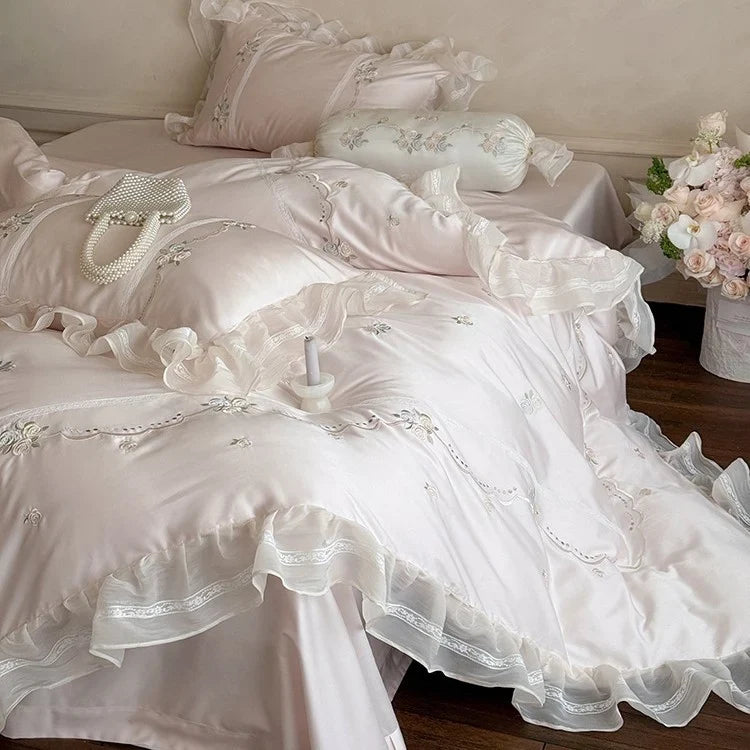Satin Bedding Set Ruffled Trim & Floral Embroidery 4-Piece