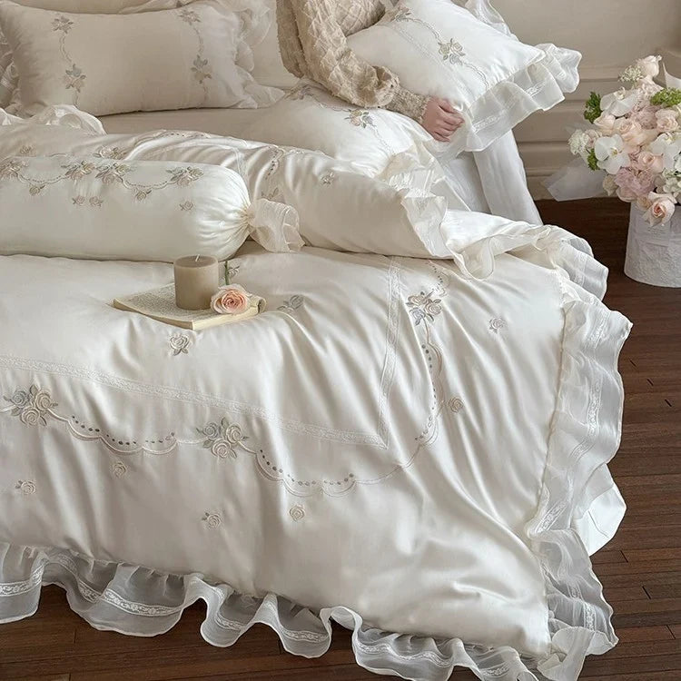 Satin Bedding Set Ruffled Trim & Floral Embroidery 4-Piece