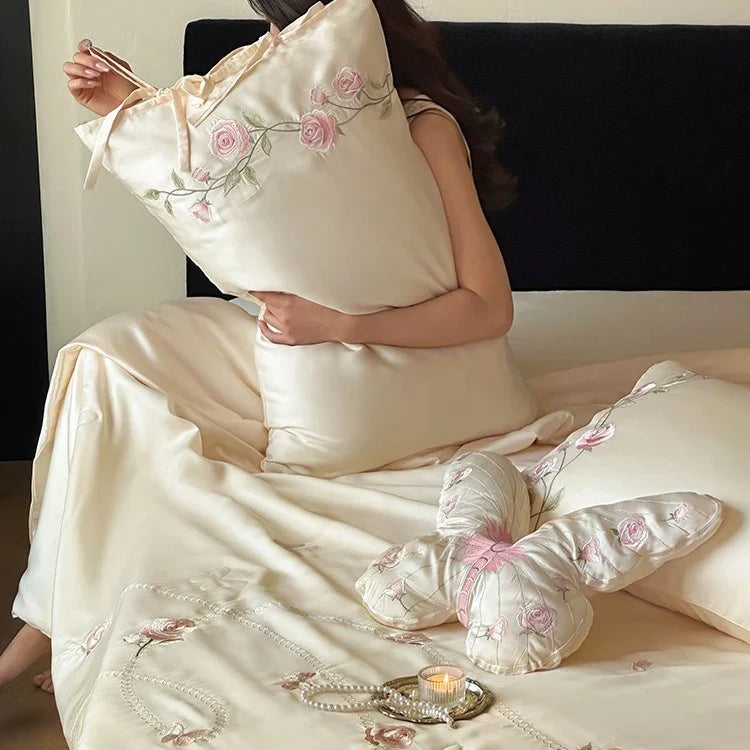Satin Bedding Set Silk-Soft Satin & Embroidered Rose Vine