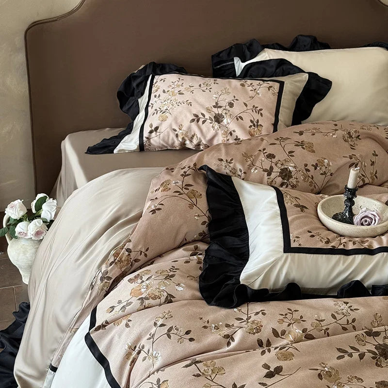 Satin Bedding Set Silky Embroidered Ruffle