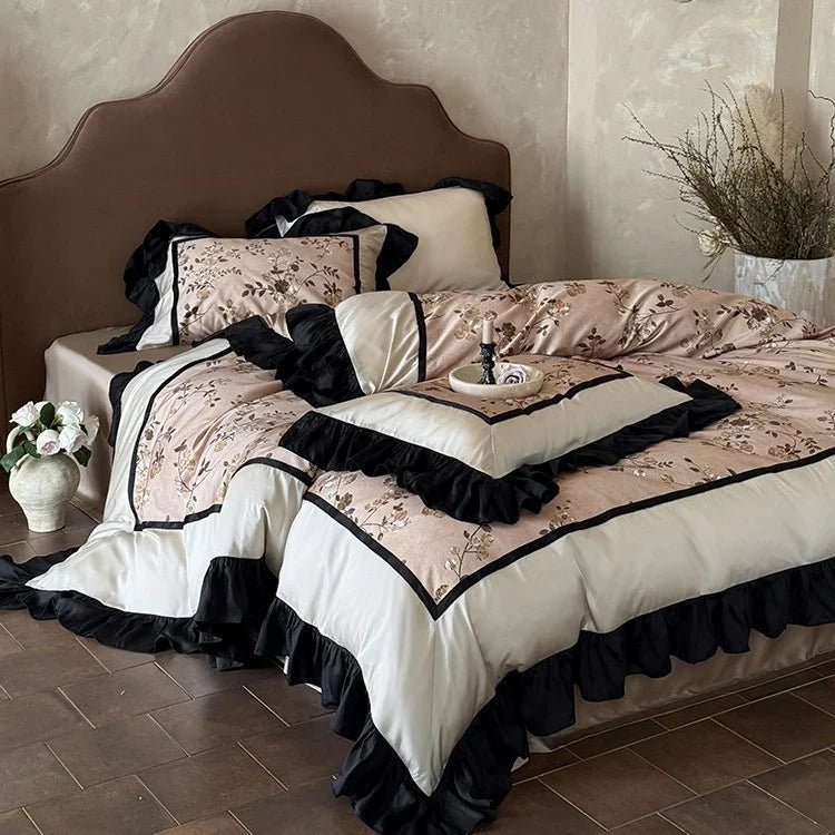 Satin Bedding Set Silky Embroidered Ruffle