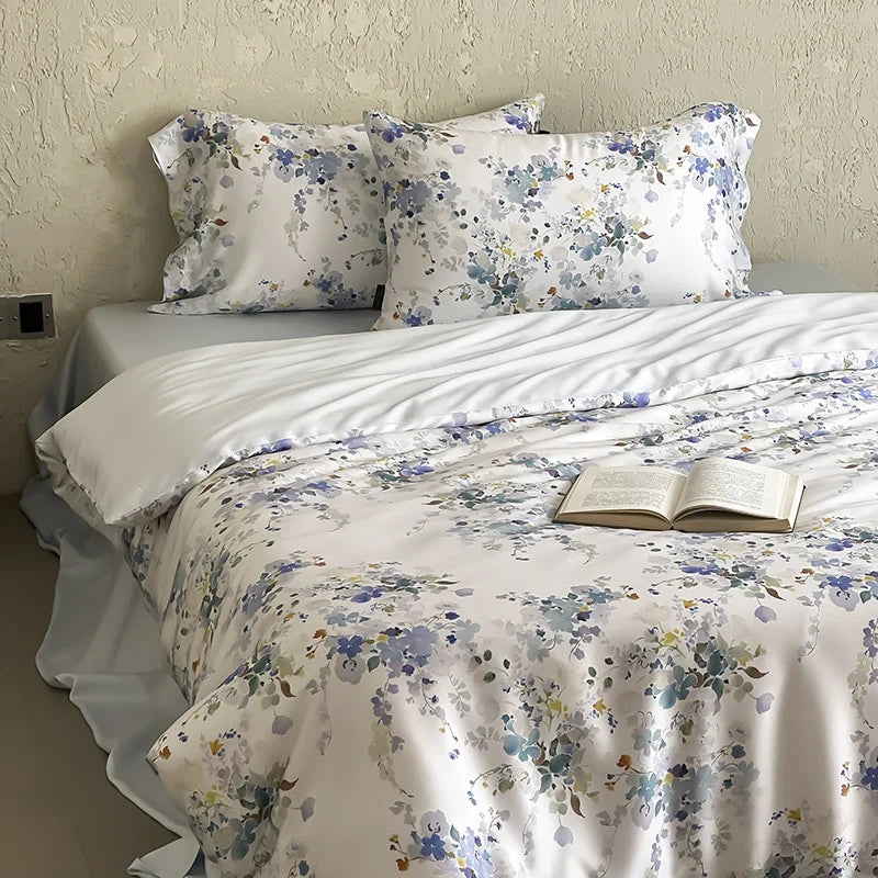 Satin Bedding Set Silky Shiny Floral Watercolor 4-Piece